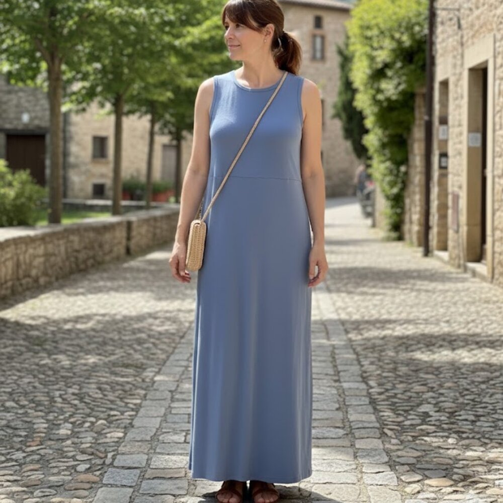 Eddie Bauer 100%Cotton Dusty Blue Sleeveless Maxi Dress Large Minimalist Coastal